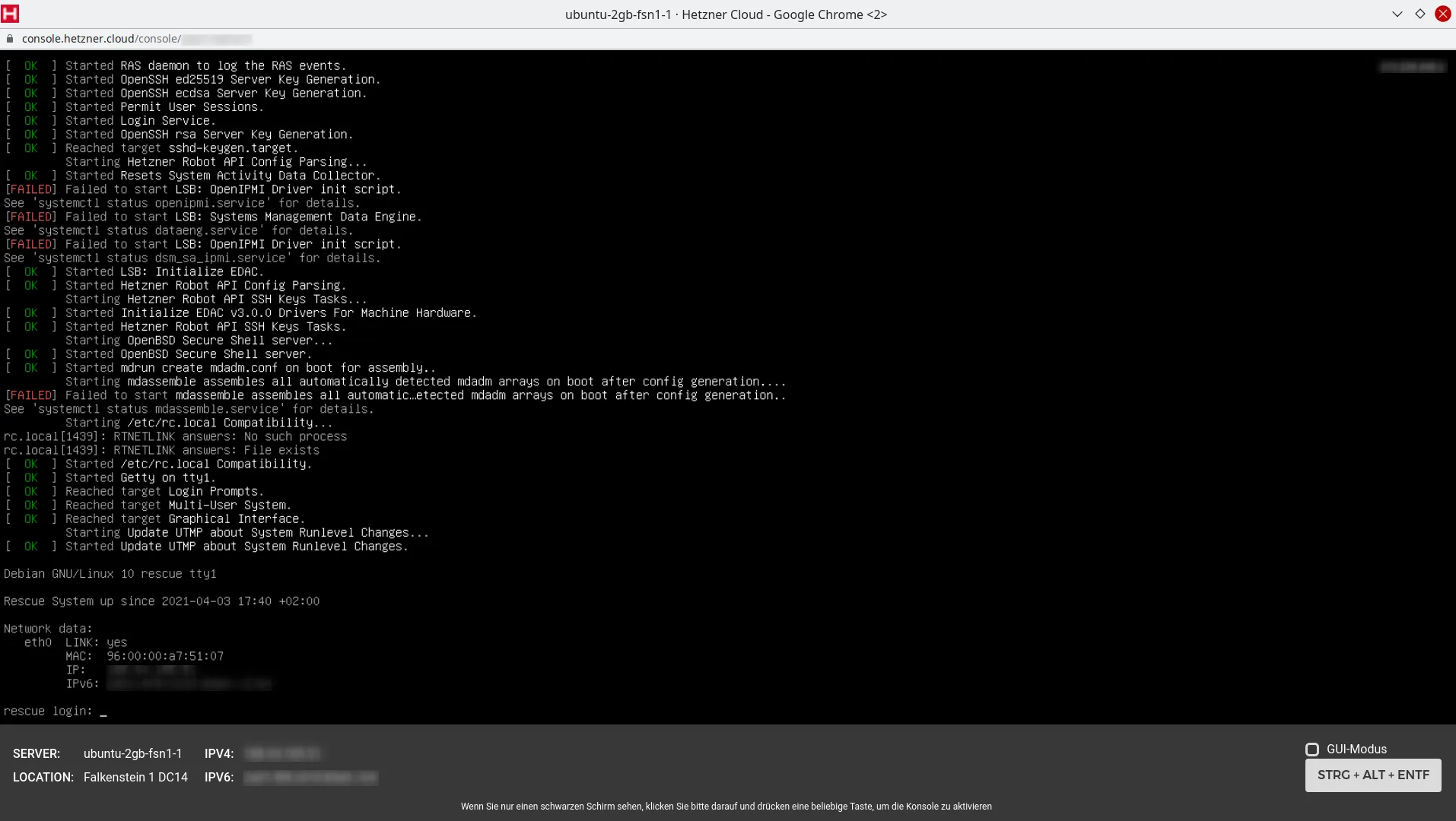 Hetzner Cloud-Server im Rescue-System gebootet.