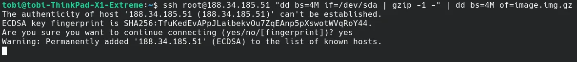 Snapshot-Erstellung mit dd über ssh. Im Screenshot wird noch gzip verwendet. Die aktuelle Empfehlung wäre zstd.
