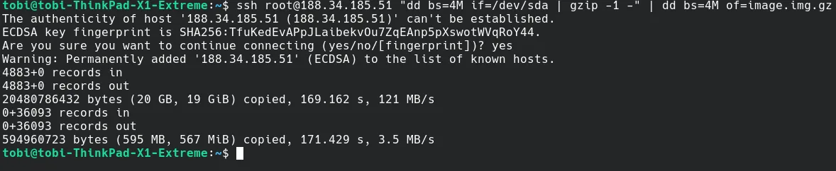 Auf dem Quellsystem wurden die vollen 20 GB des Datenträgers gelesen, durch die Kompression (kombiniert mit viel freiem Speicher) wurden letztlich aber nur ~ 600 MB übertragen.
