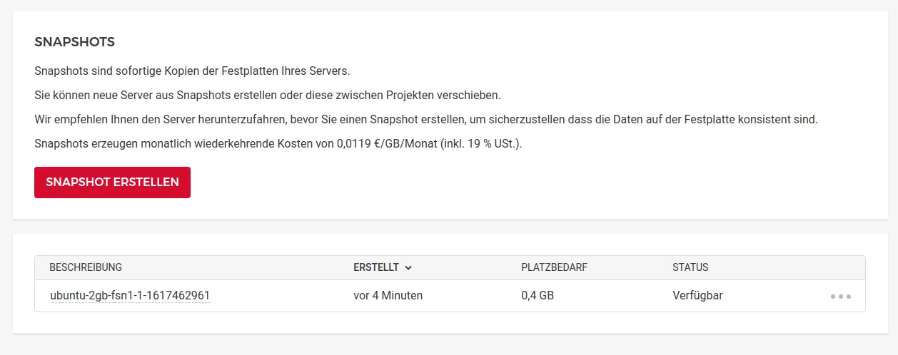 Snapshots lassen sich in der Hetzner Cloud sehr leicht anlegen, leider aber nicht exportieren.
